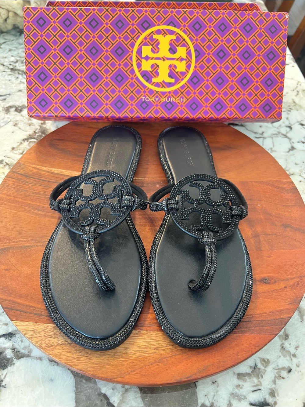 Tory Burch Black Miller Logo Thong Sandals - Braided Trim